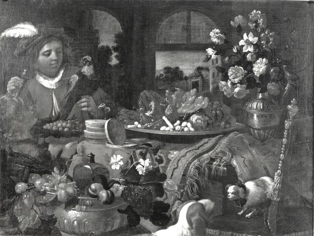 C.N.B. — Gennari Cesare; Gennari Benedetto - sec. XVII - Natura morta con frutta, fiori, dolciumi e figure maschili — insieme